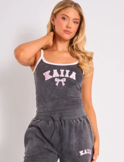 Best Kaiia Bow Embroidered Cami Top Washed Dark Grey & Pink Sculpt & Leisure | Kaiia The Label