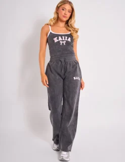 Best Kaiia Bow Embroidered Cami Top Washed Dark Grey & Pink Sculpt & Leisure | Kaiia The Label