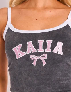 Best Kaiia Bow Embroidered Cami Top Washed Dark Grey & Pink Sculpt & Leisure | Kaiia The Label