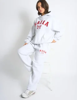 Discount Kaiia Bow Embroidered Ribbed Waistband Wide Leg Joggers Light Grey Marl & Red Sculpt & Leisure | Kaiia The Label
