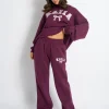 Shop Kaiia Bow Embroidered Ribbed Waistband Wide Leg Joggers Plum & Baby Pink Sculpt & Leisure | Kaiia The Label