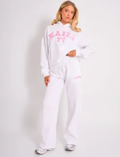 Discount Kaiia Bow Embroidered Ribbed Waistband Wide Leg Joggers White & Pink Sculpt & Leisure | Kaiia The Label