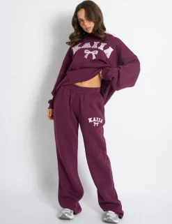 Shop Kaiia Bow Embroidered Ribbed Waistband Wide Leg Joggers Plum & Baby Pink Sculpt & Leisure | Kaiia The Label