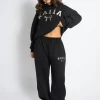 Shop Kaiia Bow Embroidered Ribbed Waistband Wide Leg Joggers Black & Silver Sculpt & Leisure | Kaiia The Label