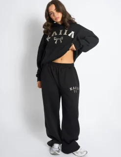 Shop Kaiia Bow Embroidered Ribbed Waistband Wide Leg Joggers Black & Silver Sculpt & Leisure | Kaiia The Label