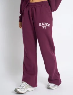 Shop Kaiia Bow Embroidered Ribbed Waistband Wide Leg Joggers Plum & Baby Pink Sculpt & Leisure | Kaiia The Label