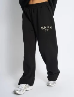 Shop Kaiia Bow Embroidered Ribbed Waistband Wide Leg Joggers Black & Silver Sculpt & Leisure | Kaiia The Label