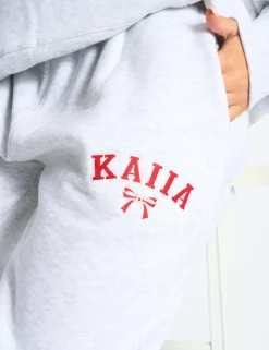 Discount Kaiia Bow Embroidered Ribbed Waistband Wide Leg Joggers Light Grey Marl & Red Sculpt & Leisure | Kaiia The Label