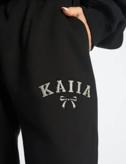 Shop Kaiia Bow Embroidered Ribbed Waistband Wide Leg Joggers Black & Silver Sculpt & Leisure | Kaiia The Label