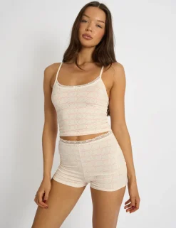 Fashion Kaiia Bow Print Lace Cami Top & Shorts Pj Set Cream & Pink Sculpt & Leisure | Kaiia The Label