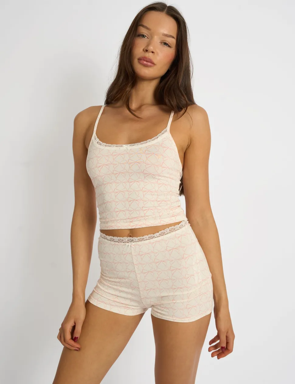 Fashion Kaiia Bow Print Lace Cami Top & Shorts Pj Set Cream & Pink Sculpt & Leisure | Kaiia The Label