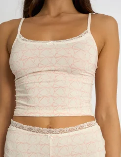 Fashion Kaiia Bow Print Lace Cami Top & Shorts Pj Set Cream & Pink Sculpt & Leisure | Kaiia The Label