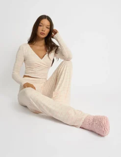 Best Kaiia Bow Print Lace Wrap Top & Trouser Pj Set Cream & Pink Sculpt & Leisure | Kaiia The Label