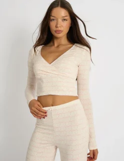 Best Kaiia Bow Print Lace Wrap Top & Trouser Pj Set Cream & Pink Sculpt & Leisure | Kaiia The Label