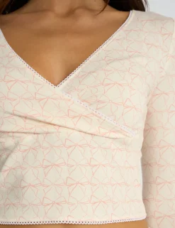 Best Kaiia Bow Print Lace Wrap Top & Trouser Pj Set Cream & Pink Sculpt & Leisure | Kaiia The Label