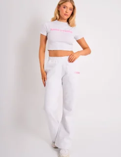 Shop Kaiia Bubble Logo Wide Leg Joggers Grey Marl & Pink Sculpt & Leisure | Kaiia The Label