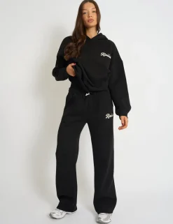 Best Sale Kaiia Bubble Script Bow Detail Wide Leg Joggers Black & Cream Sculpt & Leisure | Kaiia The Label