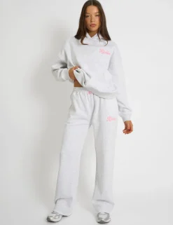 Clearance Kaiia Bubble Script Bow Detail Wide Leg Joggers Grey Marl & Pink Sculpt & Leisure | Kaiia The Label
