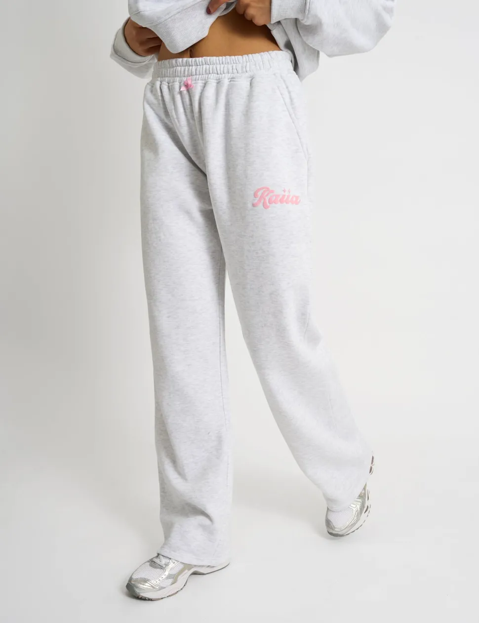 Clearance Kaiia Bubble Script Bow Detail Wide Leg Joggers Grey Marl & Pink Sculpt & Leisure | Kaiia The Label