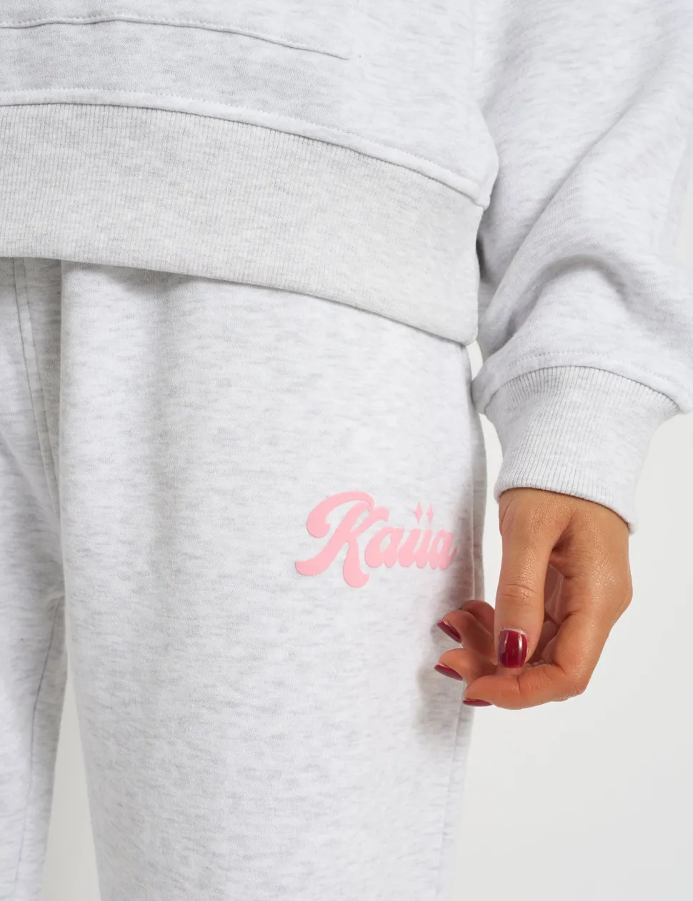 Clearance Kaiia Bubble Script Bow Detail Wide Leg Joggers Grey Marl & Pink Sculpt & Leisure | Kaiia The Label