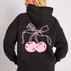 Cheap Kaiia Cherry Bow Graphic Oversized Hoodie Black & Pink Sculpt & Leisure | Kaiia The Label