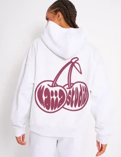 Outlet Kaiia Cherry Graphic Oversized Hoodie Light Grey Marl & Plum Sweatshirt & Hoodies | Hoodies & Sweatshirts