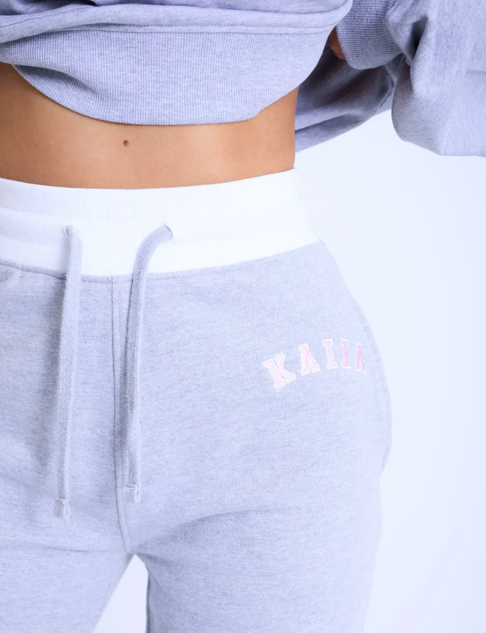 Hot Kaiia Contrast Waistband Wide Leg Sweat Pants Grey Marl & Pink Sculpt & Leisure | Kaiia The Label