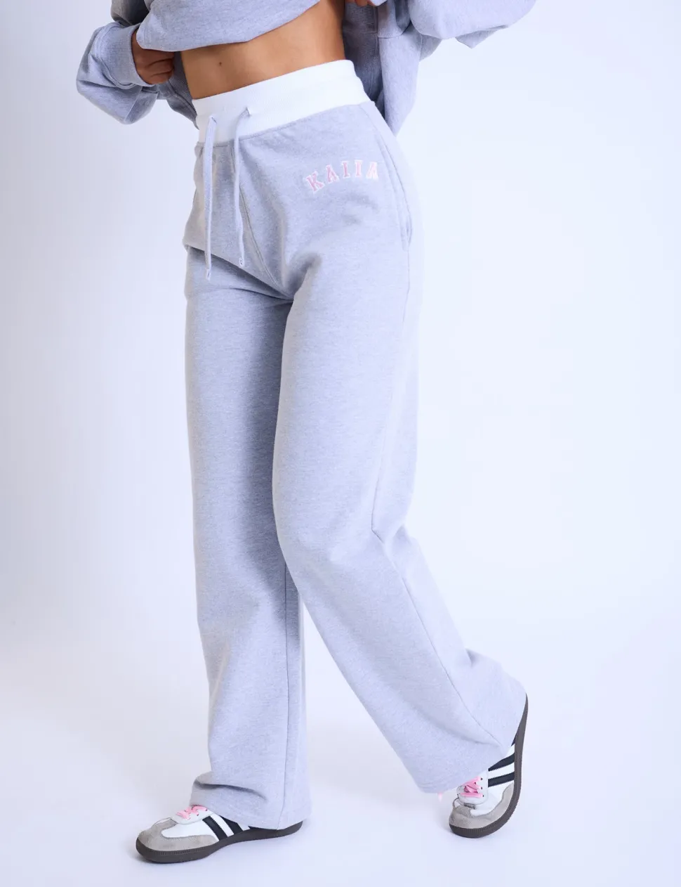 Hot Kaiia Contrast Waistband Wide Leg Sweat Pants Grey Marl & Pink Sculpt & Leisure | Kaiia The Label