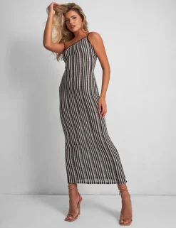 Flash Sale Kaiia Knitted One Shoulder Maxi Dress Black and White Stripe Sculpt & Leisure | Kaiia The Label