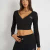 Store Kaiia Lace Trim Wrap Long Sleeve Top Black Sculpt & Leisure | Kaiia The Label