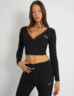 Store Kaiia Lace Trim Wrap Long Sleeve Top Black Sculpt & Leisure | Kaiia The Label