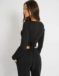 Store Kaiia Lace Trim Wrap Long Sleeve Top Black Sculpt & Leisure | Kaiia The Label