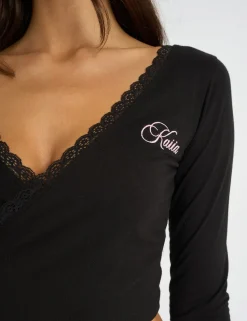 Store Kaiia Lace Trim Wrap Long Sleeve Top Black Sculpt & Leisure | Kaiia The Label