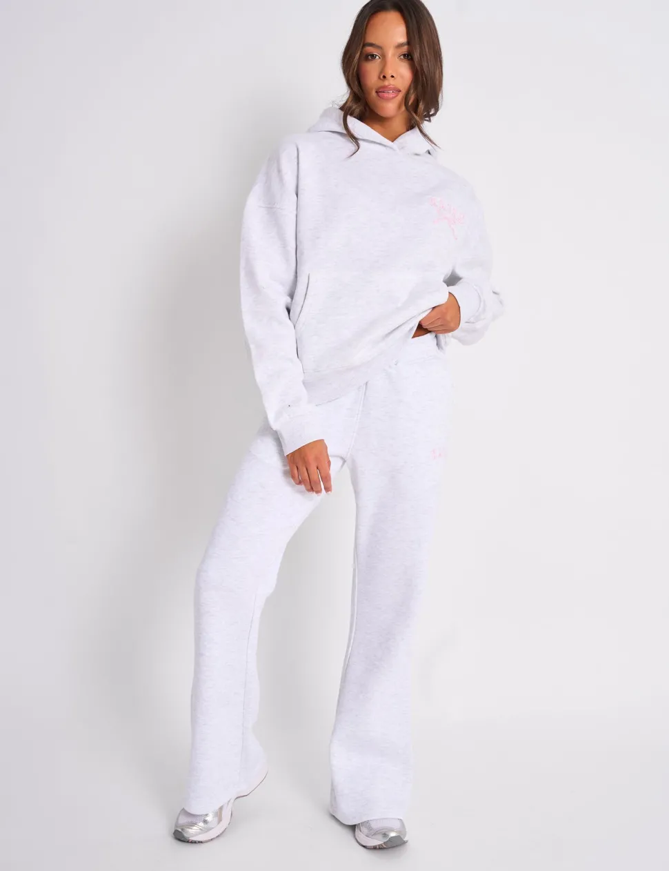 Fashion Kaiia Logo Wide Leg Joggers Light Grey Marl & Baby Pink Tracksuits | Tracksuits