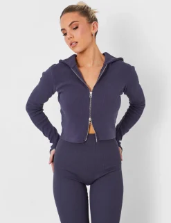 Cheap Kaiia Rib Zip Through Hoodie in Dark Tracksuits | Tracksuits