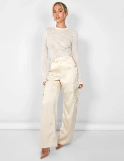 Online Kaiia Satin Wide Leg Cargos in Beige Trousers