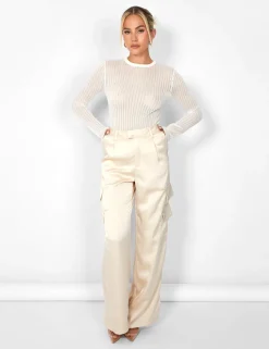 Online Kaiia Satin Wide Leg Cargos in Beige Trousers