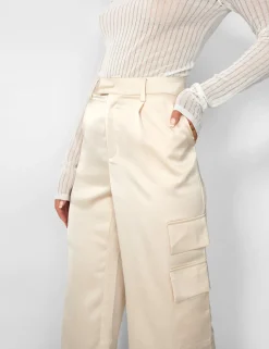 Online Kaiia Satin Wide Leg Cargos in Beige Trousers