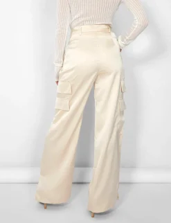 Online Kaiia Satin Wide Leg Cargos in Beige Trousers