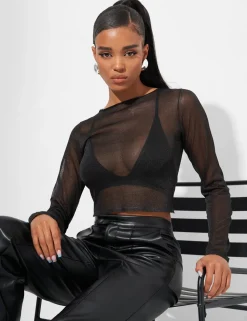 Discount Kaiia Sheer Knit Top in Glitter Sculpt & Leisure | Kaiia The Label