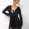 New Kaiia Sheer Plunge Neck Ruffle Detail Dress in Sculpt & Leisure | Kaiia The Label