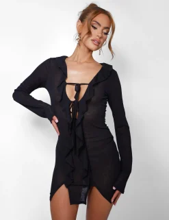 New Kaiia Sheer Plunge Neck Ruffle Detail Dress in Sculpt & Leisure | Kaiia The Label