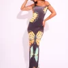 Cheap Kaiia Slinky Twist Off Shoulder Butterfly Print Maxi Dress Sculpt & Leisure | Kaiia The Label