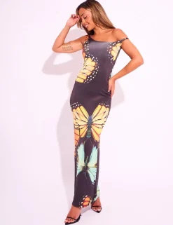 Cheap Kaiia Slinky Twist Off Shoulder Butterfly Print Maxi Dress Sculpt & Leisure | Kaiia The Label