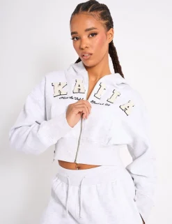 Fashion Kaiia Slogan Cropped Zip Up Hoodie Light Grey Marl & White Sculpt & Leisure | Kaiia The Label
