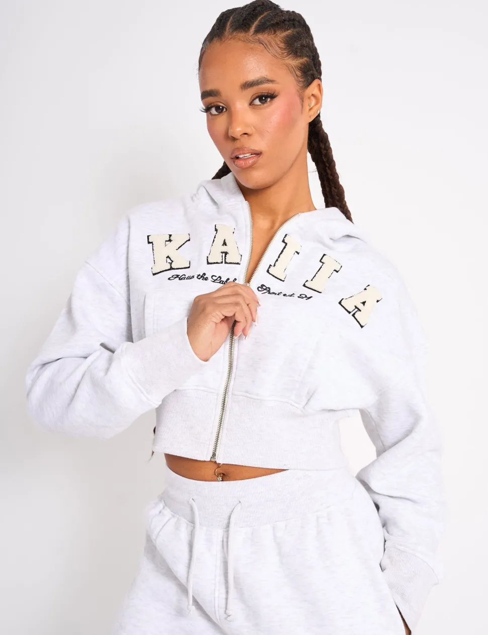 Fashion Kaiia Slogan Cropped Zip Up Hoodie Light Grey Marl & White Sculpt & Leisure | Kaiia The Label