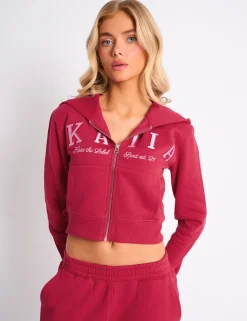 Flash Sale Kaiia Slogan Cropped Zip Up Hoodie Cranberry & Pink Sculpt & Leisure | Kaiia The Label