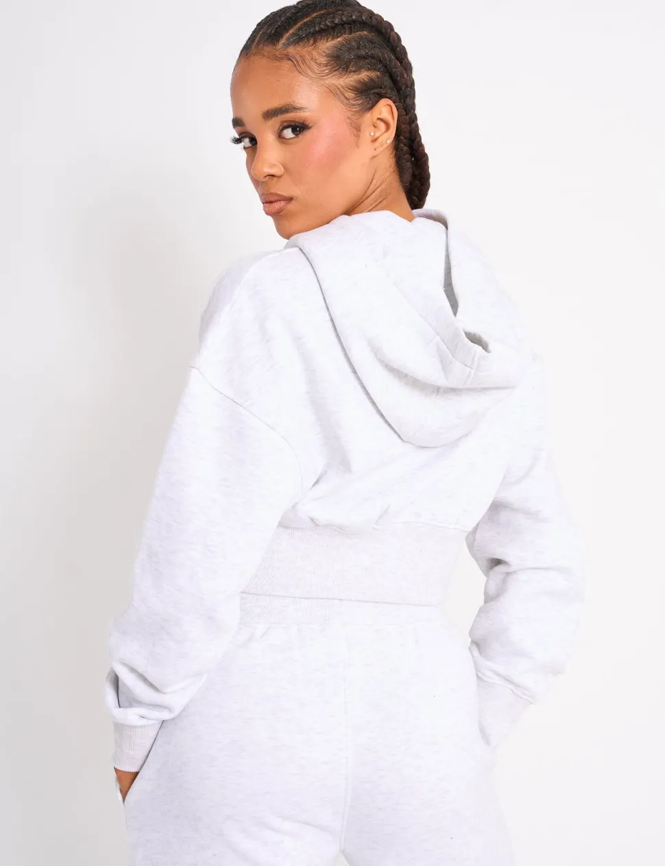 Fashion Kaiia Slogan Cropped Zip Up Hoodie Light Grey Marl & White Sculpt & Leisure | Kaiia The Label