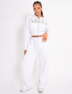 Fashion Kaiia Slogan Cropped Zip Up Hoodie Light Grey Marl & White Sculpt & Leisure | Kaiia The Label