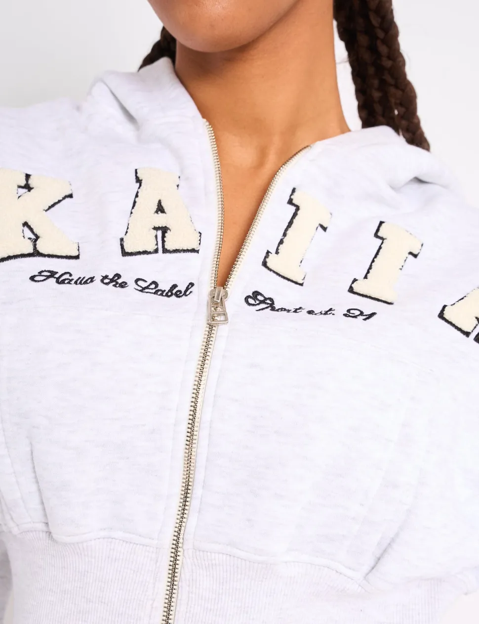 Fashion Kaiia Slogan Cropped Zip Up Hoodie Light Grey Marl & White Sculpt & Leisure | Kaiia The Label